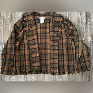 Stonebridge Plaid Fringe Open Front Jacket - Brown/Olive, Size XL